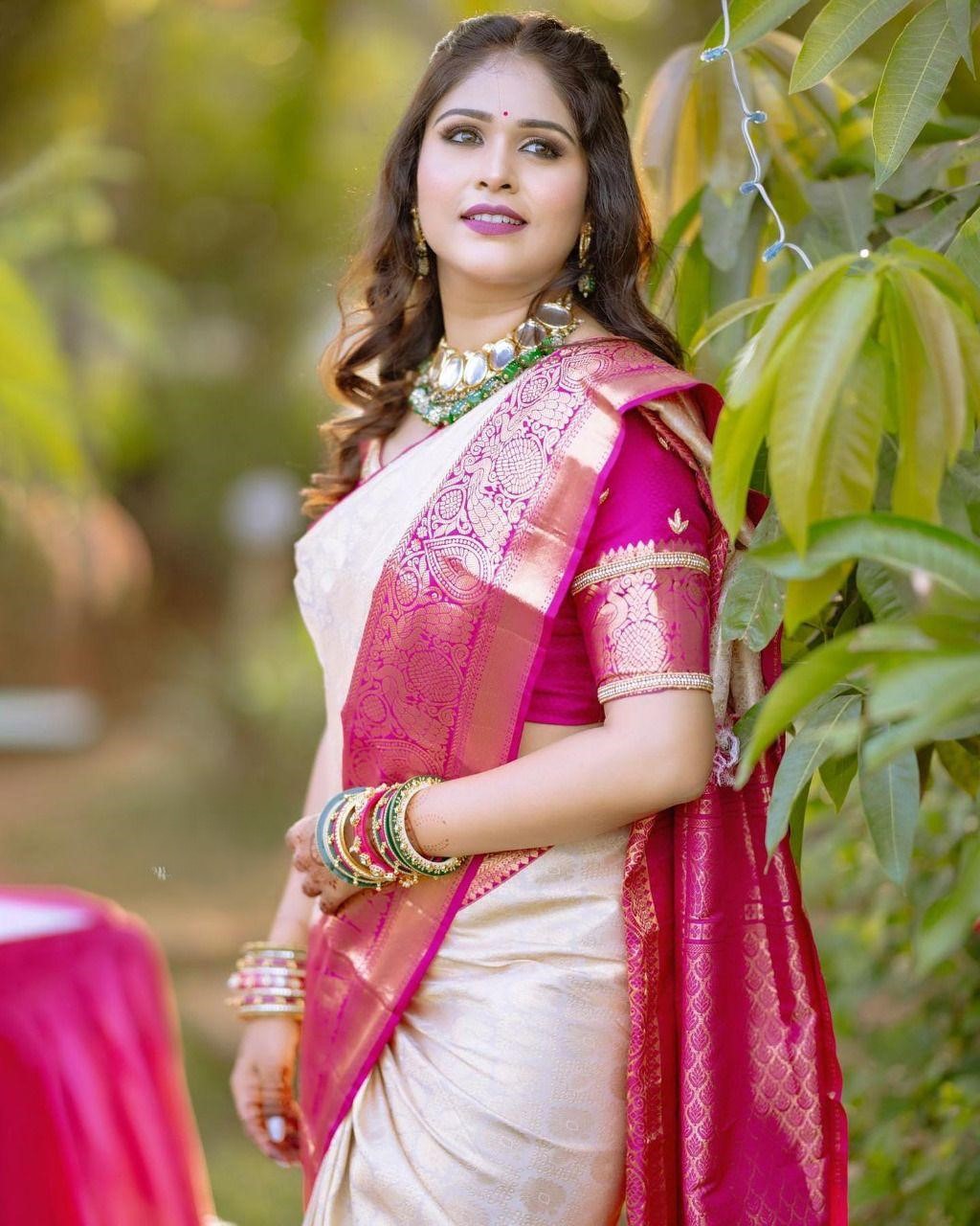 Classic Cream White and Pink Soft Lichi Silk Saree With Classic Blouse Piece