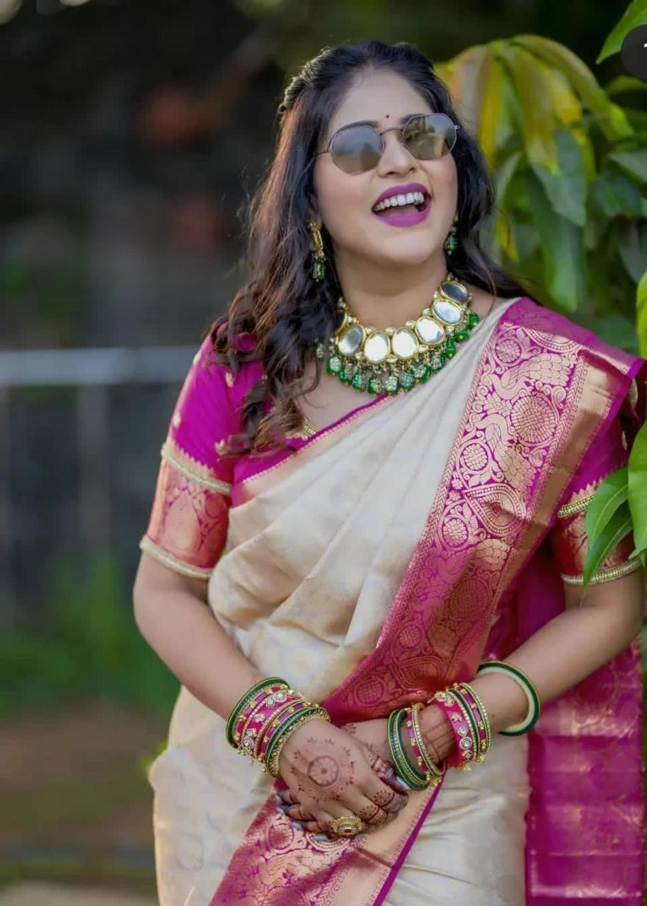 Classic Cream White and Pink Soft Lichi Silk Saree With Classic Blouse Piece