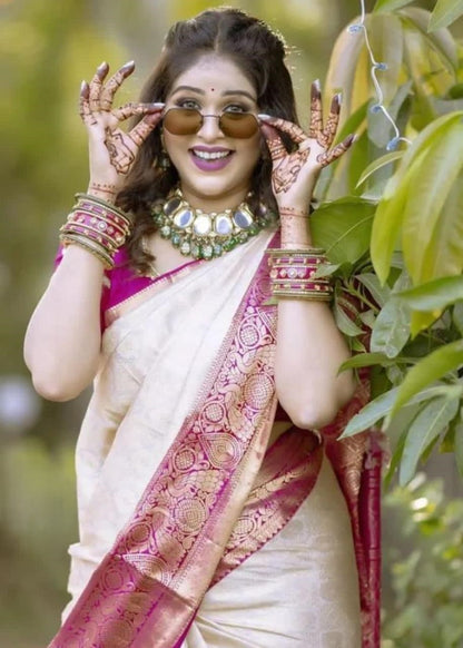 Classic Cream White and Pink Soft Lichi Silk Saree With Classic Blouse Piece