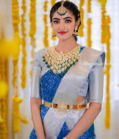 Golden Zari Woven Lichi Silk Saree for Grand Occasions Blue