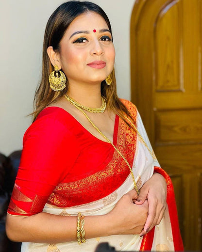 Traditional Cream White and Red Soft Lichi Silk Saree With Classic Blouse Piece
