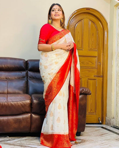 Traditional Cream White and Red Soft Lichi Silk Saree With Classic Blouse Piece