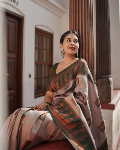 Ethereal Copper and Green Lichi Silk Saree with Blouse Peace