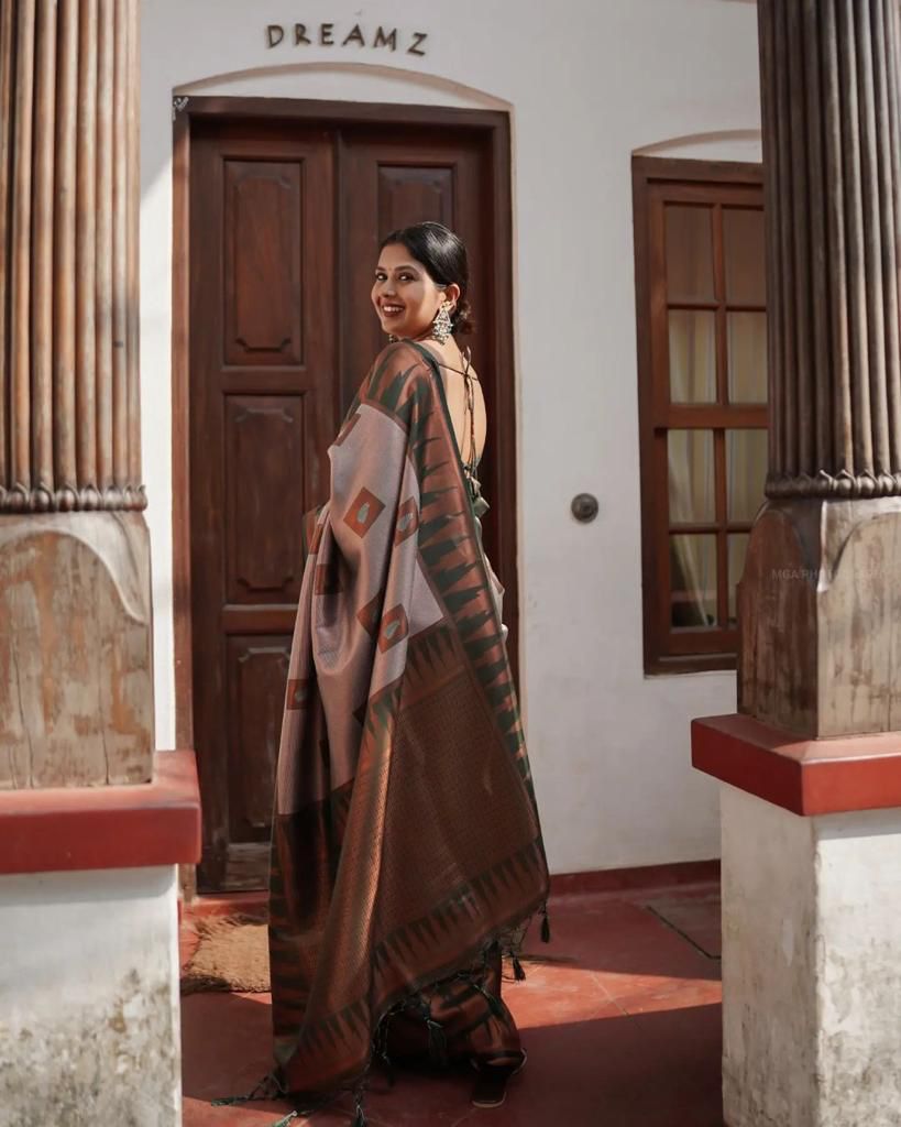 Ethereal Copper and Green Lichi Silk Saree with Blouse Peace