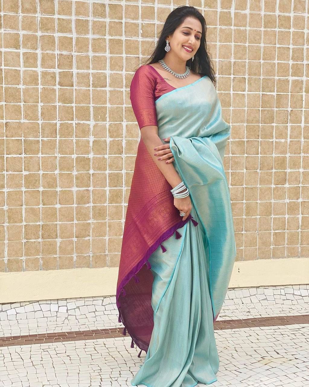 Vibrant Sky Blue Lichi Silk Saree with Blouse Peace