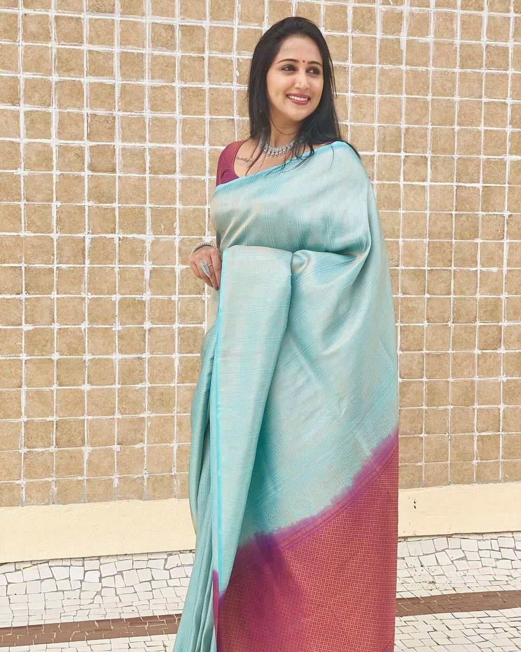 Vibrant Sky Blue Lichi Silk Saree with Blouse Peace