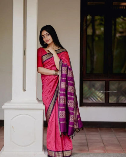 Exquisite Pink Lichi Silk Saree with Blouse Peace