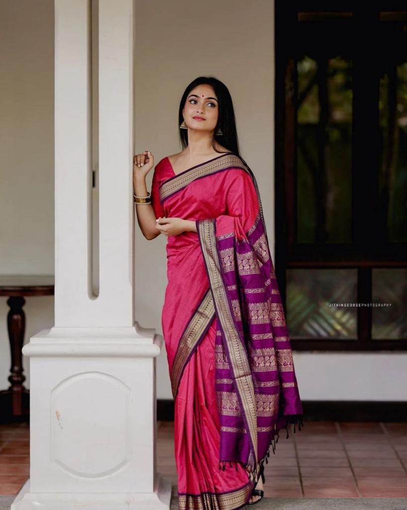 Exquisite Pink Lichi Silk Saree with Blouse Peace
