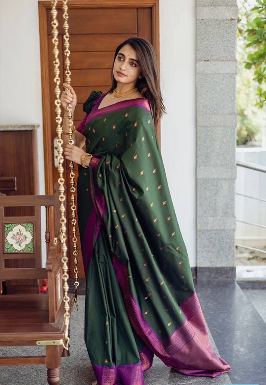 Radiant Dark Green Lichi Silk Saree with Blouse Peace
