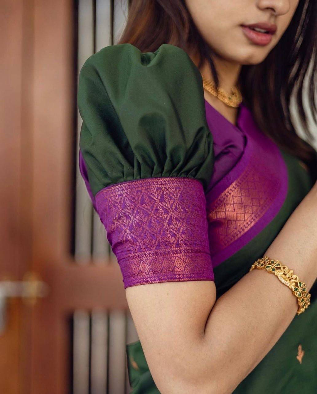 Radiant Dark Green Lichi Silk Saree with Blouse Peace