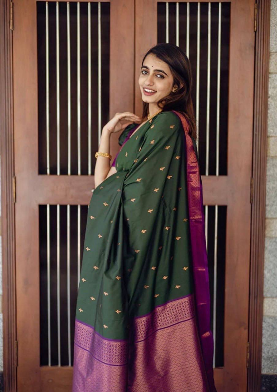 Radiant Dark Green Lichi Silk Saree with Blouse Peace