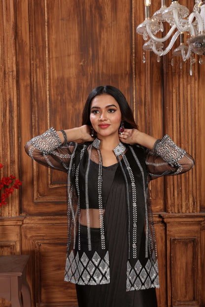 Stylish 1 Minute Ready to Wear Black Satin Silk Saree with Koti