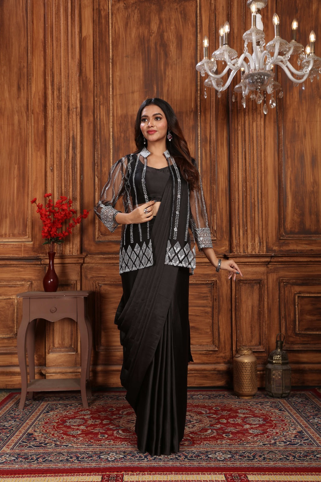 Stylish 1 Minute Ready to Wear Black Satin Silk Saree with Koti