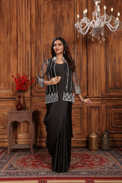 Stylish 1 Minute Ready to Wear Black Satin Silk Saree with Koti