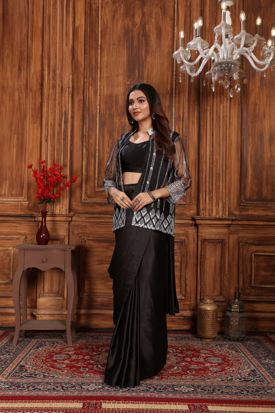 Stylish 1 Minute Ready to Wear Black Satin Silk Saree with Koti