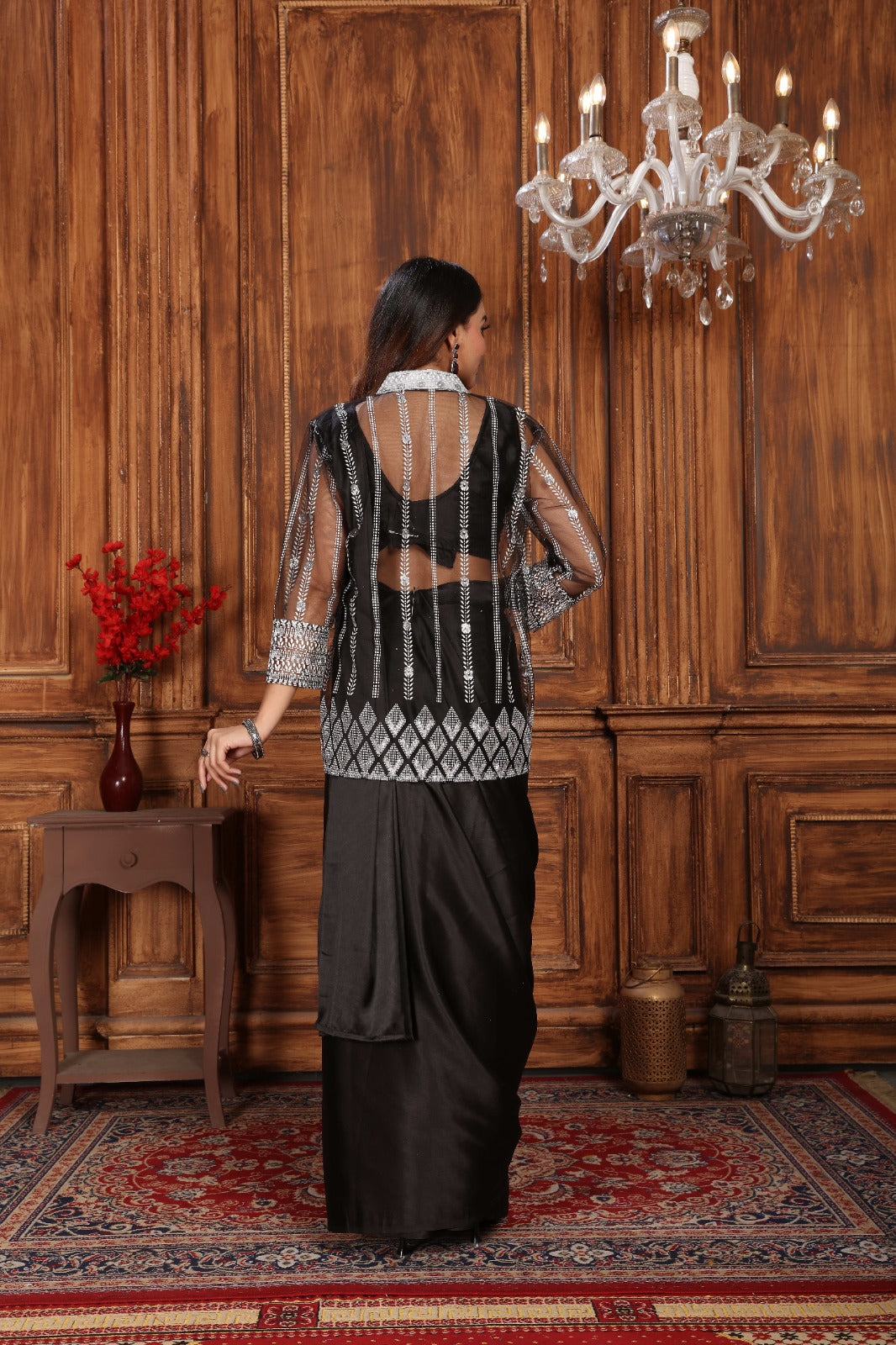 Stylish 1 Minute Ready to Wear Black Satin Silk Saree with Koti