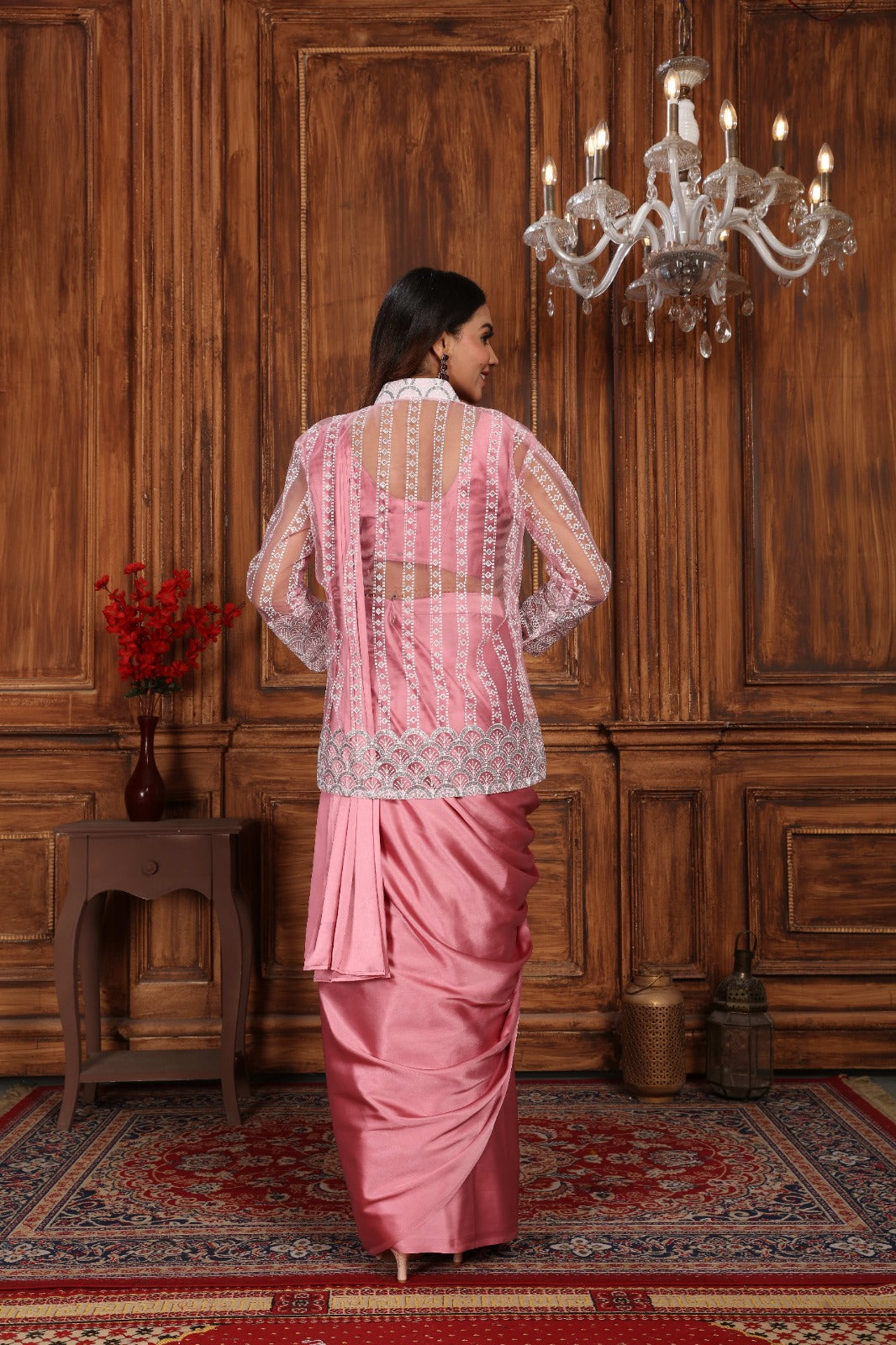 Stylish 1 Minute Ready to Wear Pink Satin Silk Saree with Koti