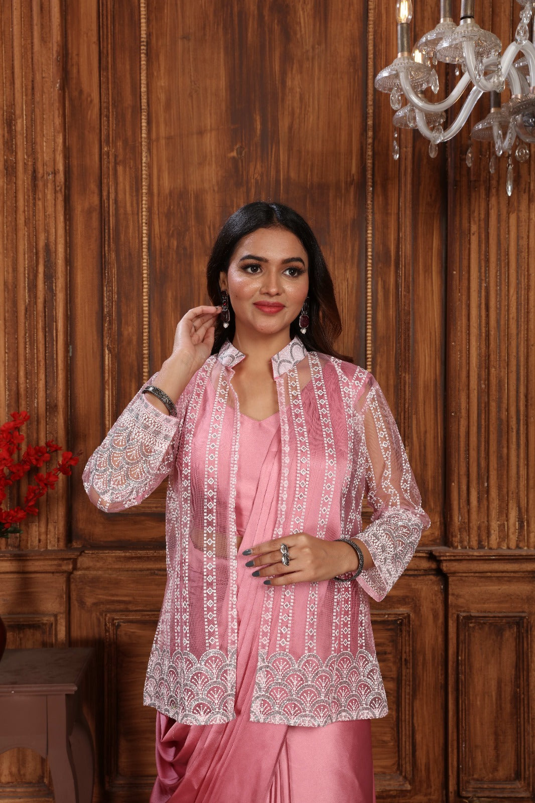 Stylish 1 Minute Ready to Wear Pink Satin Silk Saree with Koti