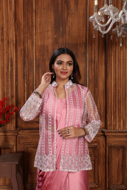 Stylish 1 Minute Ready to Wear Pink Satin Silk Saree with Koti