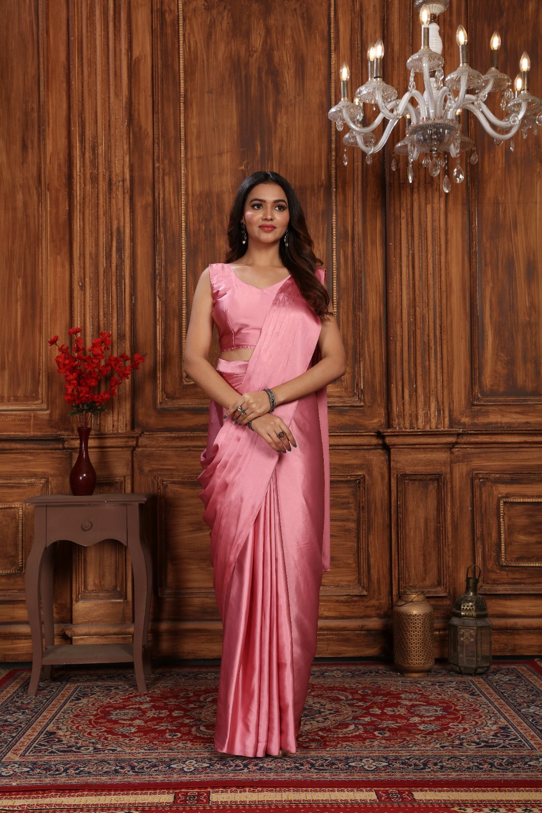 Stylish 1 Minute Ready to Wear Pink Satin Silk Saree with Koti