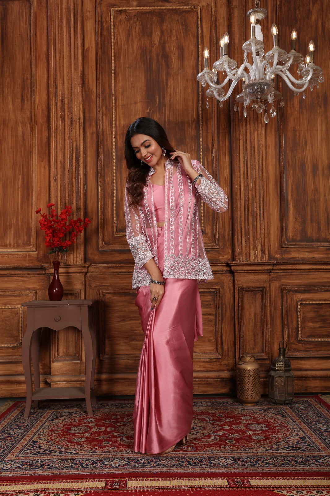 Stylish 1 Minute Ready to Wear Pink Satin Silk Saree with Koti