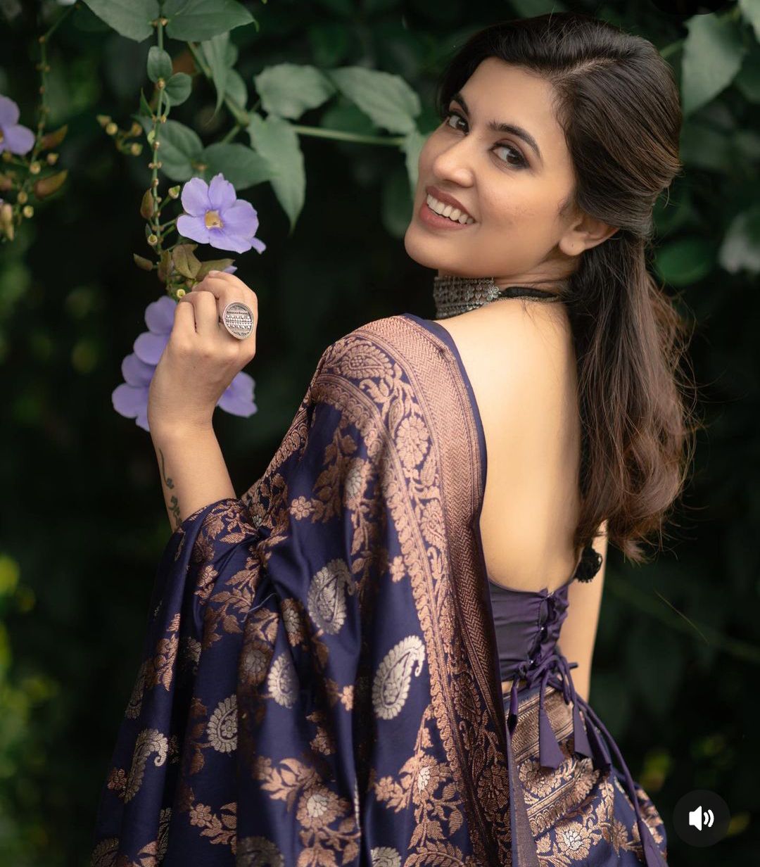 Gorgeous Dark Blue Lichi Silk Saree with Blouse Peace