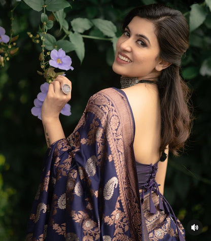 Gorgeous Dark Blue Lichi Silk Saree with Blouse Peace