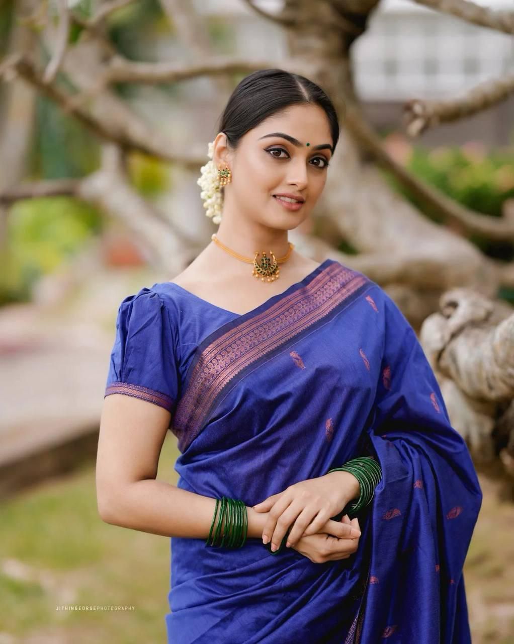 Festive Blue Soft Lichi Silk Saree With Classic Blouse Piece