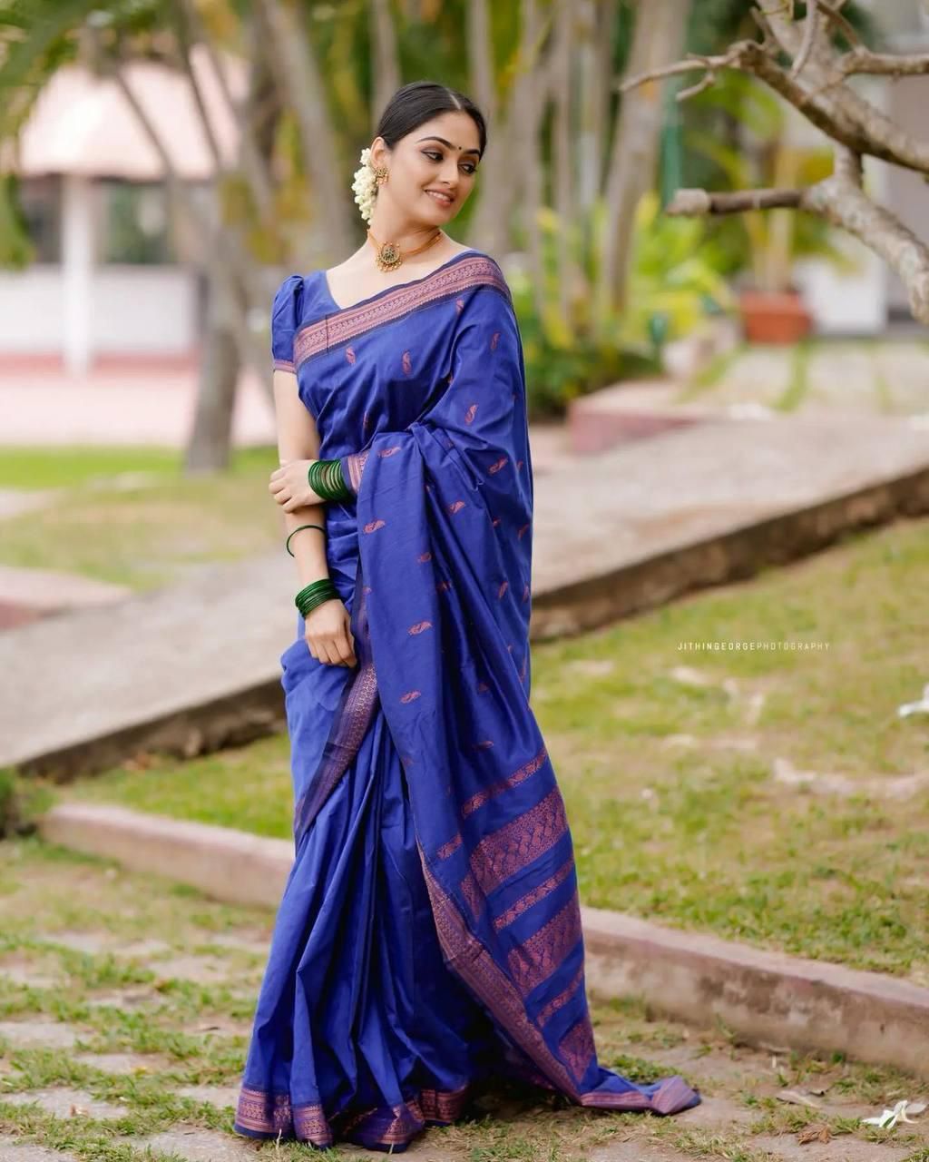 Festive Blue Soft Lichi Silk Saree With Classic Blouse Piece
