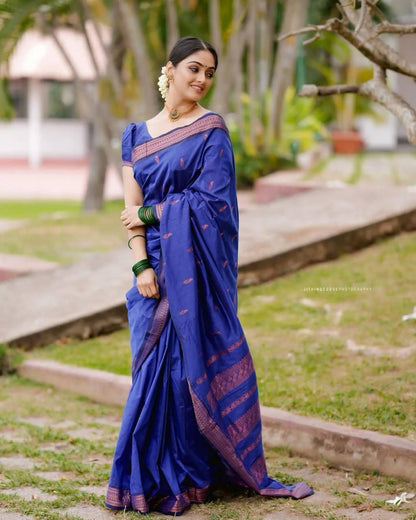 Festive Blue Soft Lichi Silk Saree With Classic Blouse Piece