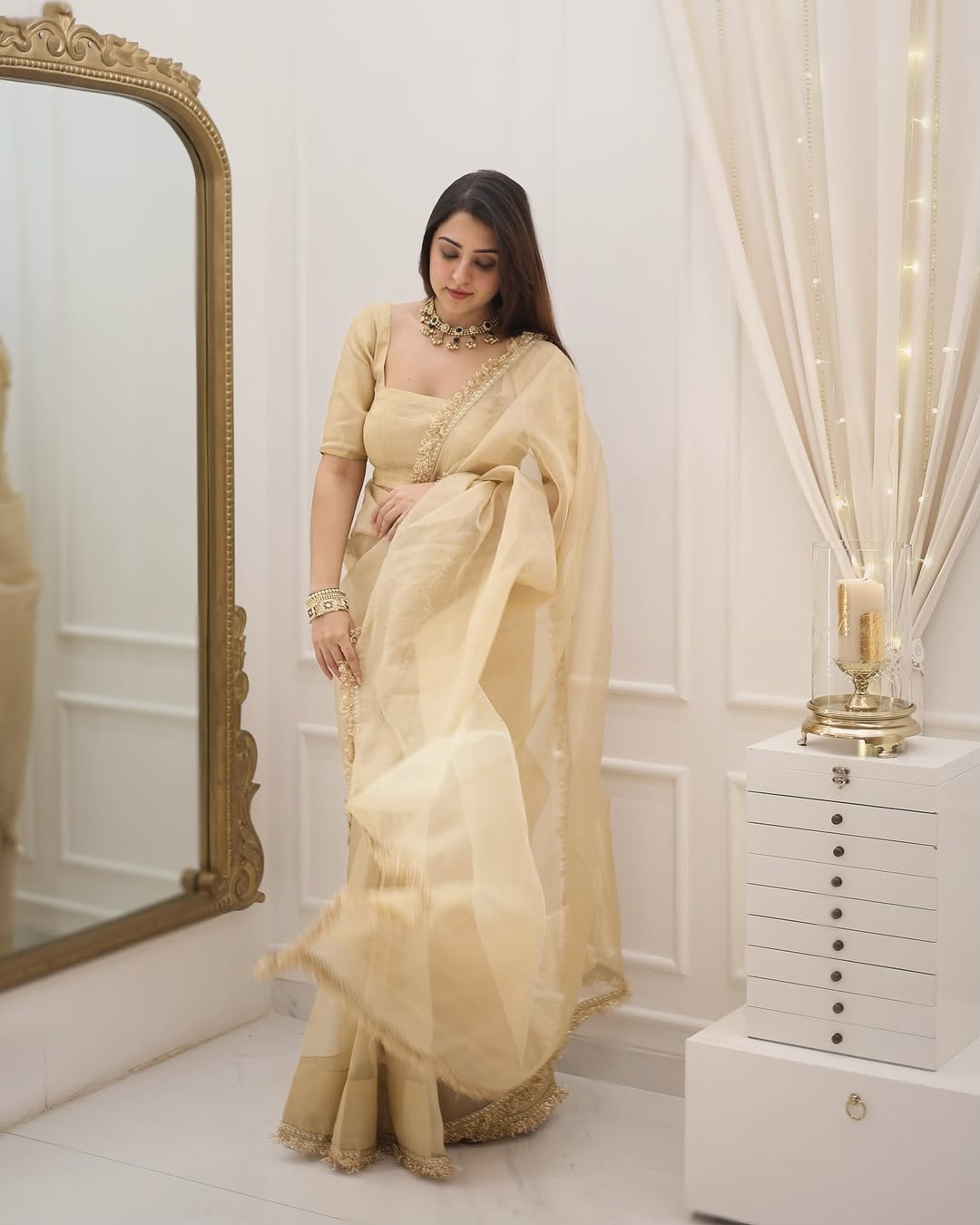 Most Beautiful 1-Minute Ready To Wear Cream Pure Cotton Silk Saree