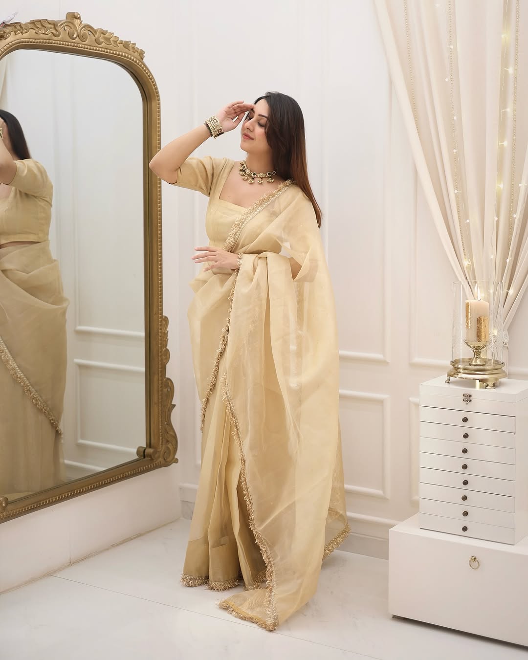 Most Beautiful 1-Minute Ready To Wear Cream Pure Cotton Silk Saree