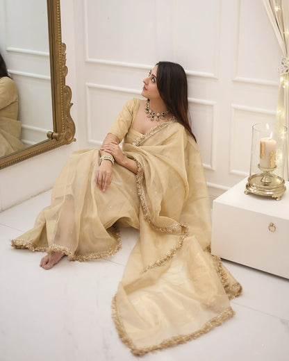 Most Beautiful 1-Minute Ready To Wear Cream Pure Cotton Silk Saree