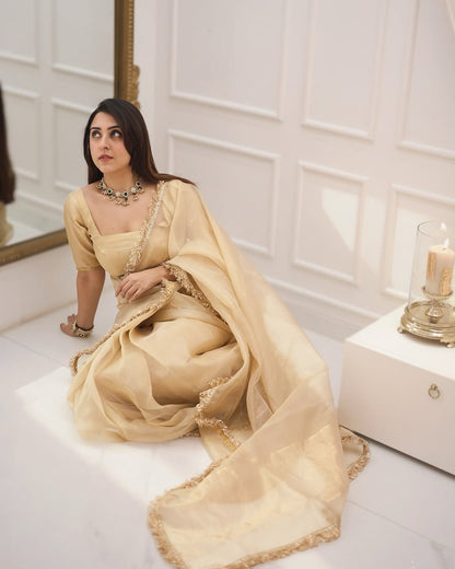Most Beautiful 1-Minute Ready To Wear Cream Pure Cotton Silk Saree