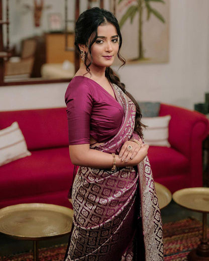 Smart Wine Soft Silk Saree With Flameboyant Blouse Piece
