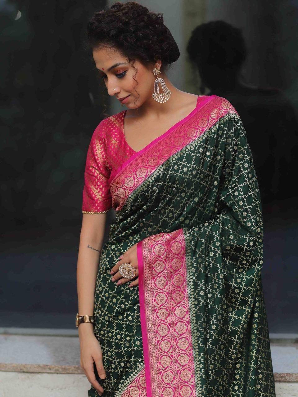 Surpassing Green Soft Silk Saree With Unique Pink Blouse Piece