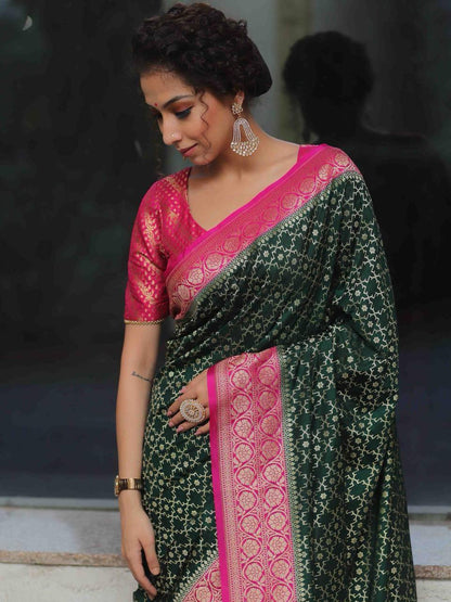 Surpassing Green Soft Silk Saree With Unique Pink Blouse Piece