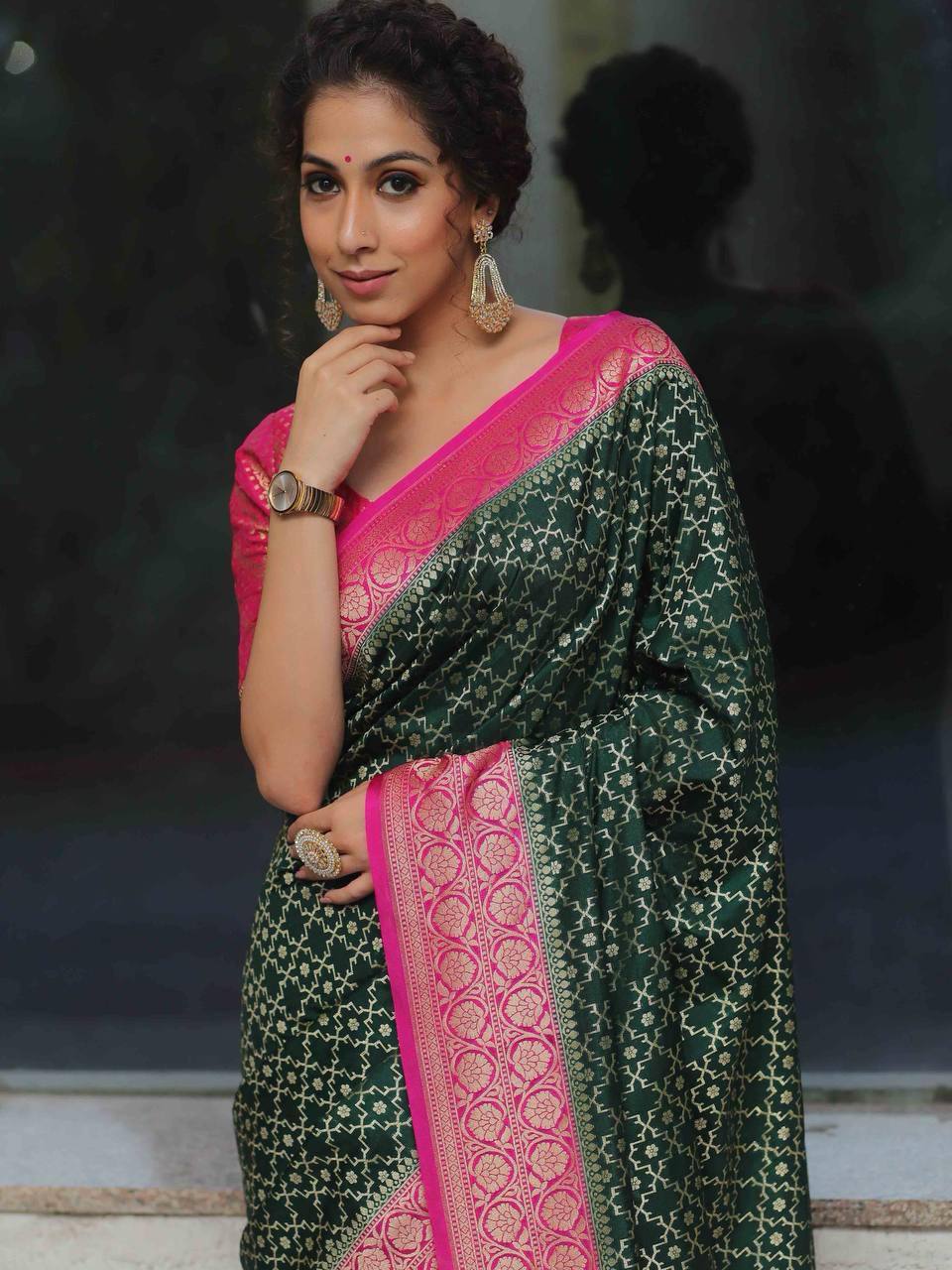 Surpassing Green Soft Silk Saree With Unique Pink Blouse Piece