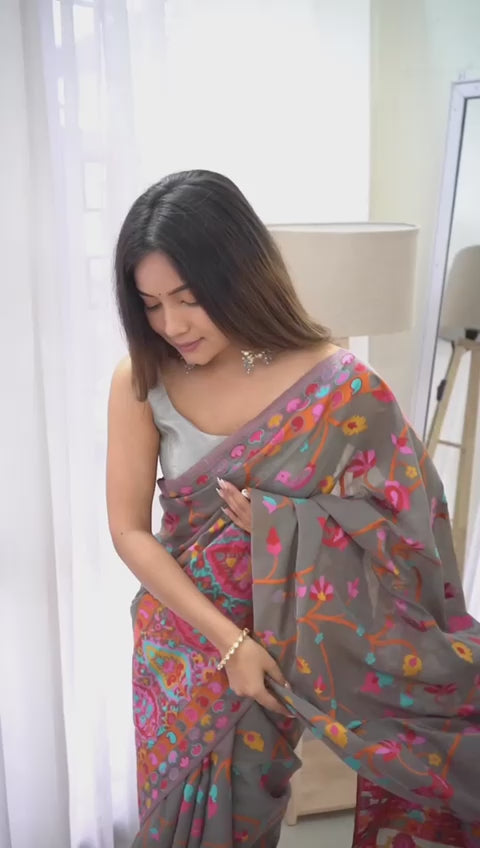 Banarasi Silk Saree Printed– Rich Fabric, Royal Look Grey
