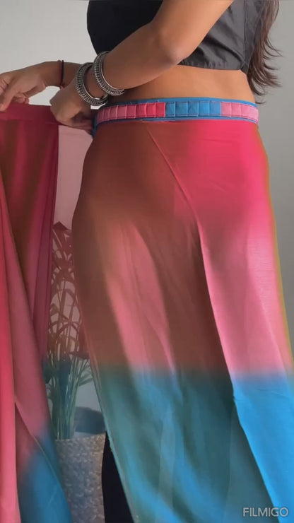 Stunning 1 Minute Ready to Wear Red &amp; Blue Chiffon Saree