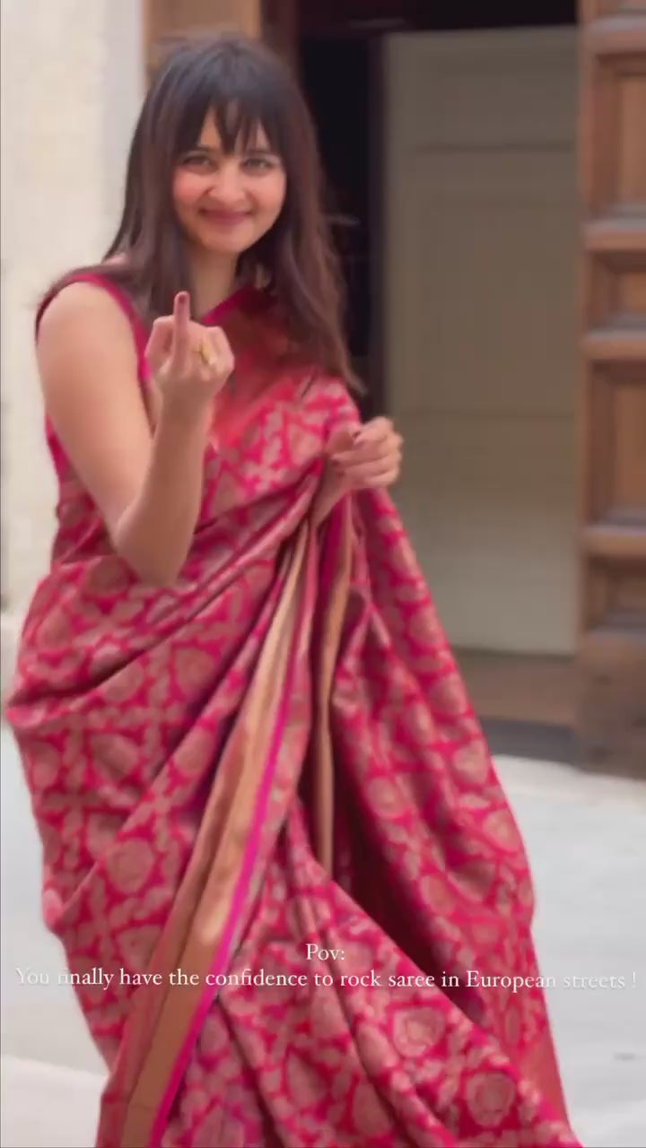 Dazzling Maroon Lichi Silk Saree with Blouse Peace