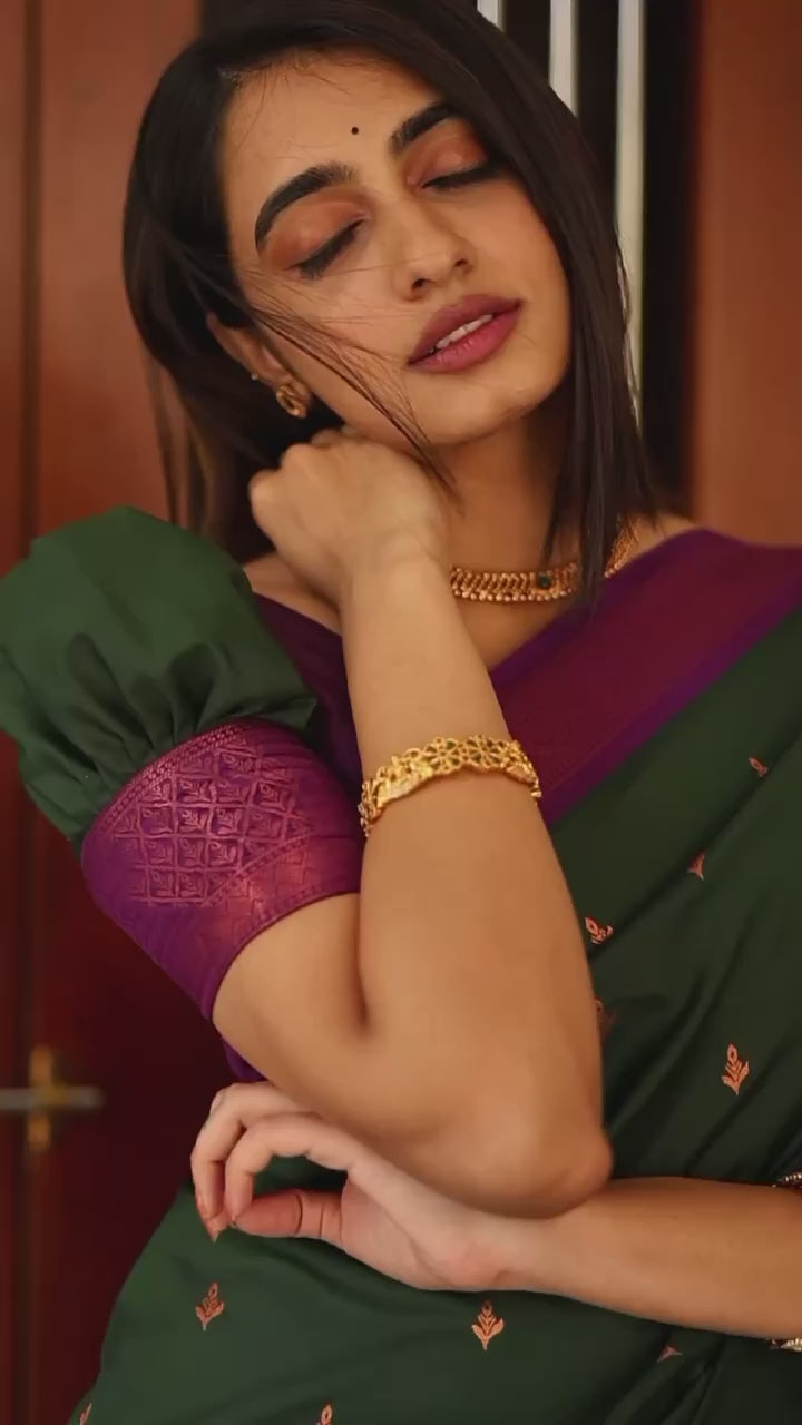 Radiant Dark Green Lichi Silk Saree with Blouse Peace