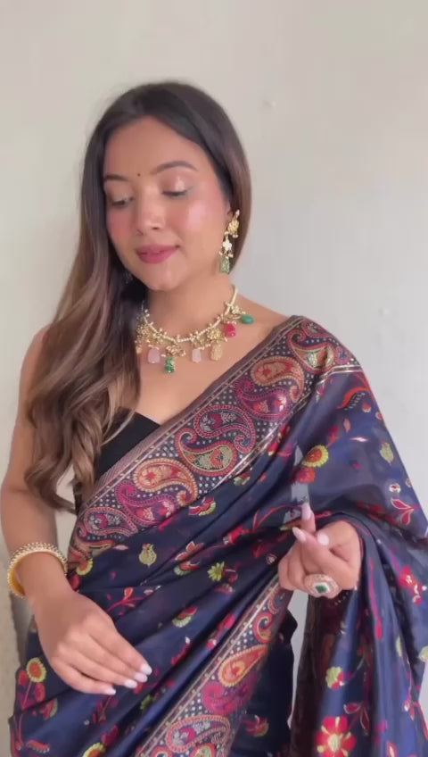 Festive Wear Banarasi Saree in Pure Soft Silk Dark BlueWhit