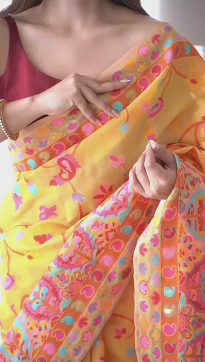 Banarasi Silk Saree Printed– Rich Fabric, Royal Look Yellow Saree