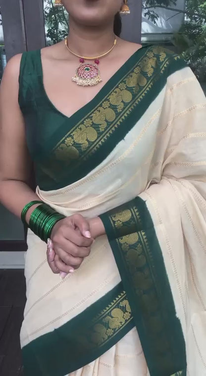 Graceful Cream White with Green Lichi Silk Saree with Blouse Peace