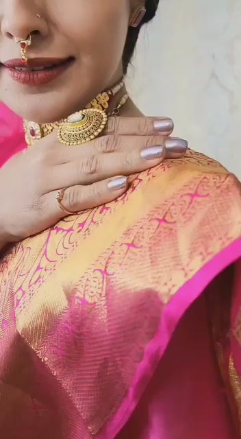 Charming Yellow with Pink Lichi Silk Saree with Blouse Peace