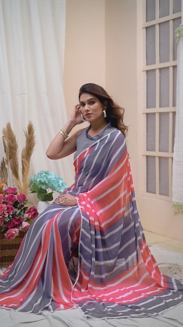 Stunning 1 Minute Ready to Wear Laheriya Pink Georgette Saree
