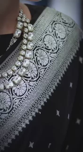 Vibrant Black Lichi Silk Saree with Blouse Peace