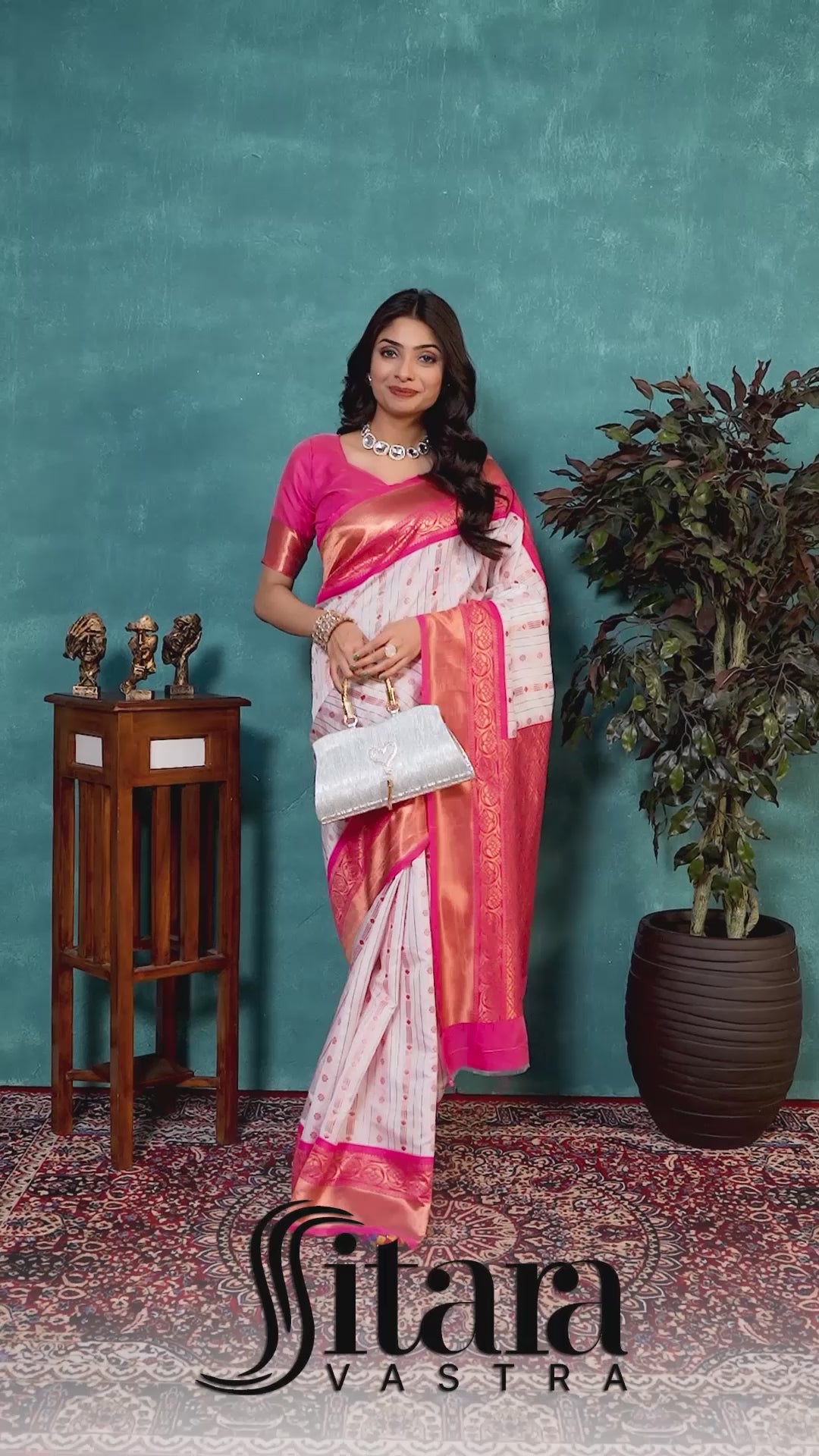 Sophisticated Cream White and Pink Soft Silk Saree with Ethnic Blouse Piece